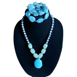 Talbots Chunky Blue Quartz Pendant Green Blue Beaded Necklace + 3 Bracelets Set
